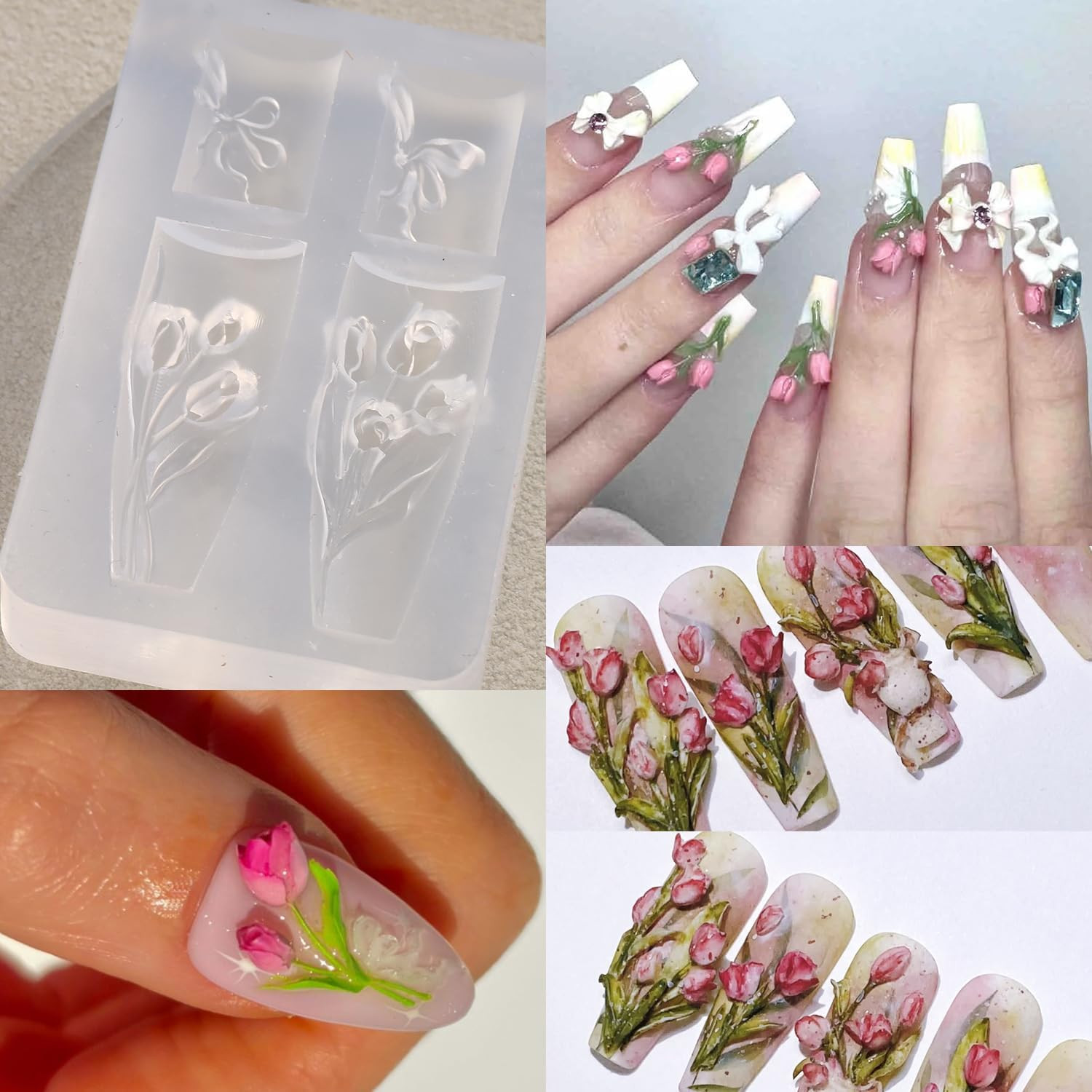 Reusable Silicone Nail Art Molds, 2PCS 3D Flower Design Templates