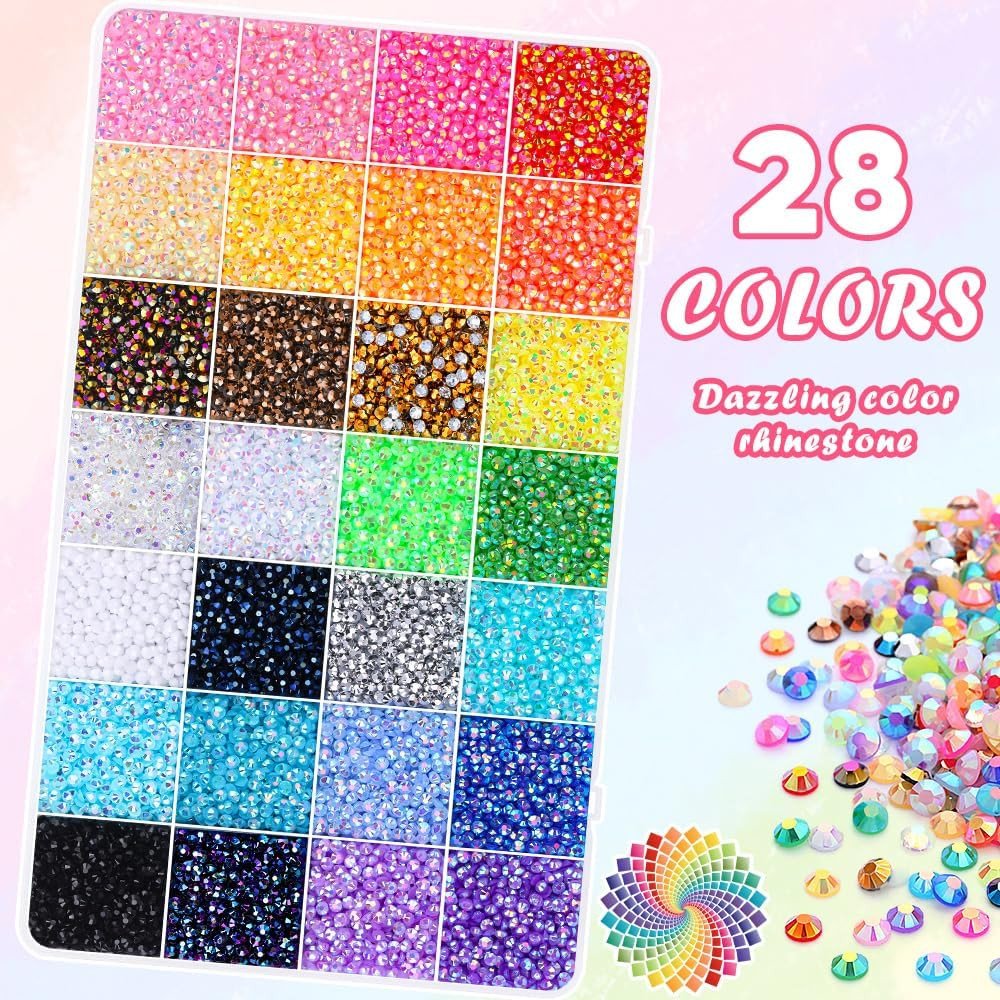 JOLCEEY 34000Pcs Nail Art Rhinestones, 28 Colors 3Mm Flat Back Nail Gems Crystal