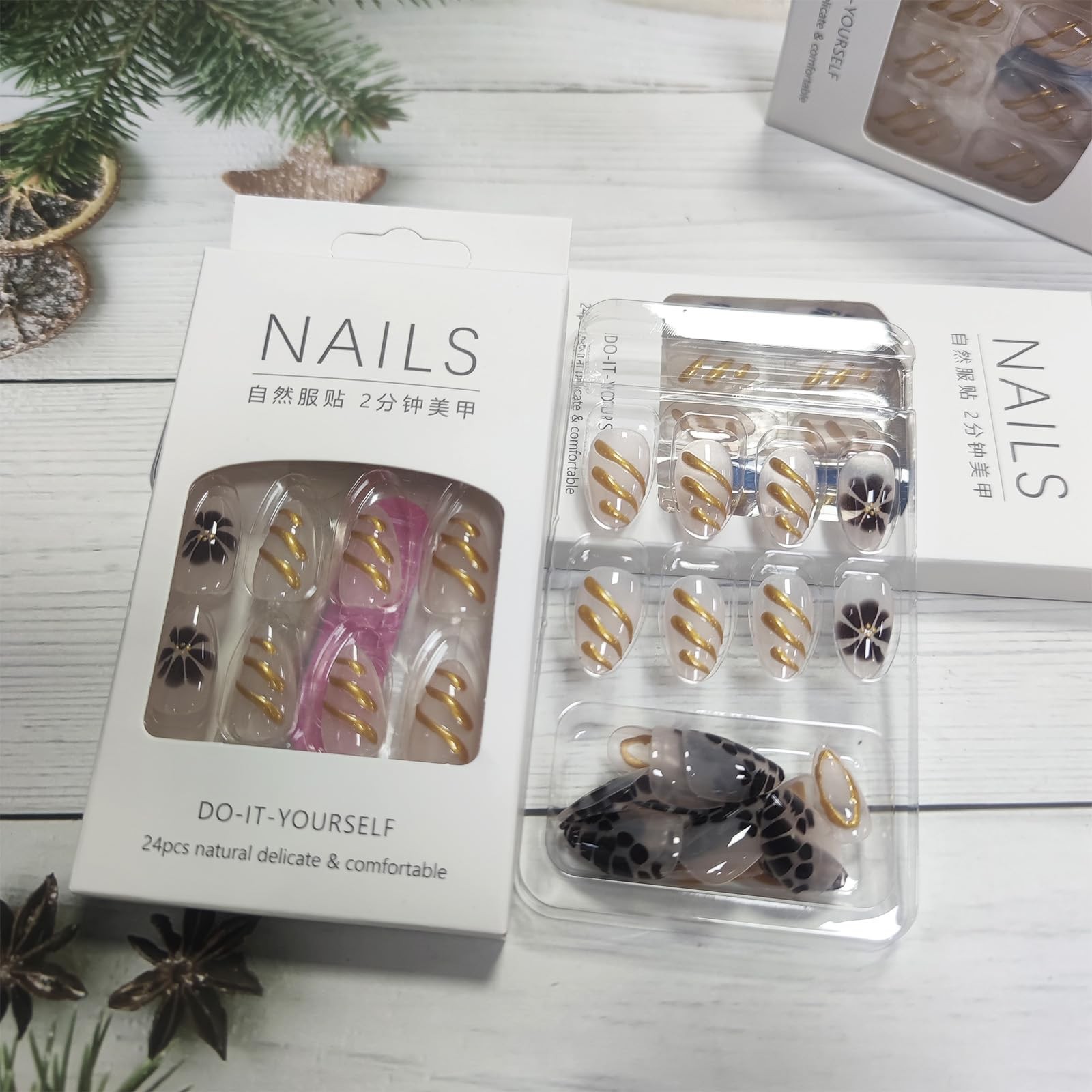 3D Gold Curve Line Press on Nails 24Pcs Turtle Print False Nails Glossy Brown…