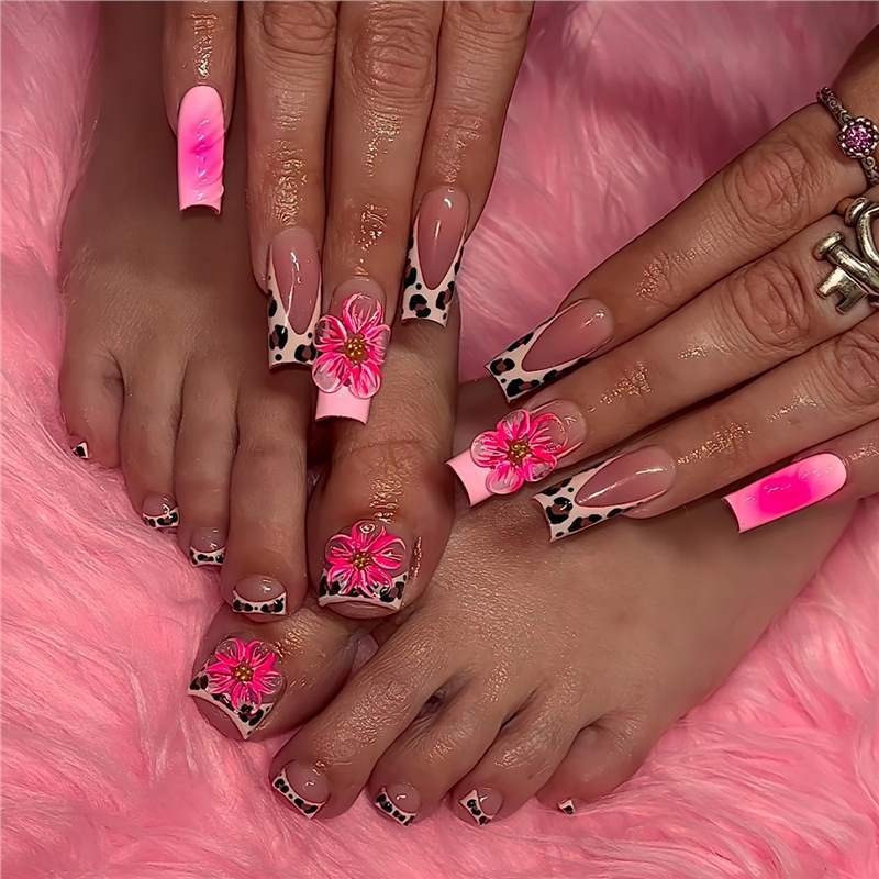 Sweet Leopard Print French 3D Flower Gradient Square Press On Nails 48PCS