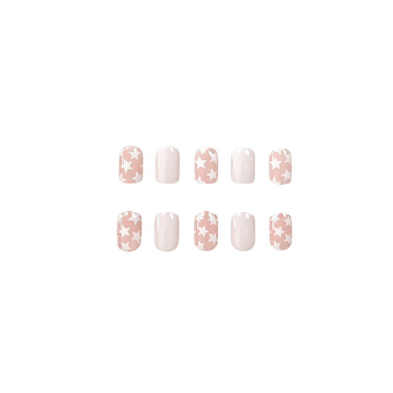 48pcs Short Almond Press on Nails, Nude Pink White Star Sweet Casual Nails