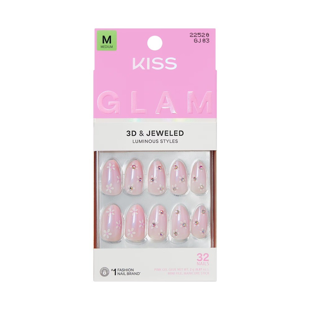 Glam 3D & Jeweled Medium Almond Press-On Nails, Pink, 32 Pieces