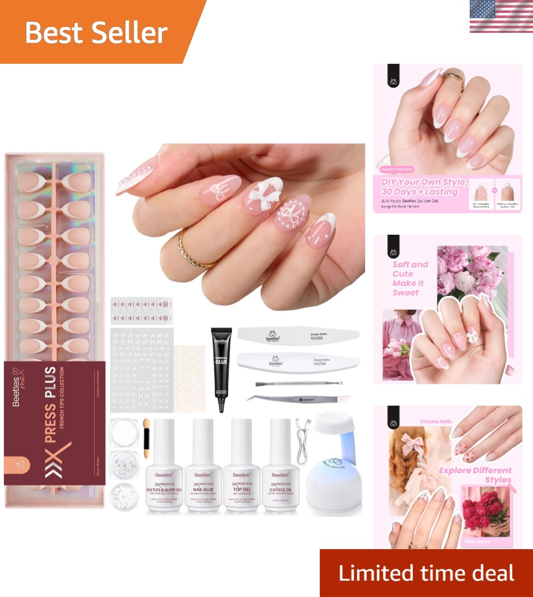 All-in-One Beetles Nail Kit: 224Pcs Short Almond Press-ons with Mini UV Light