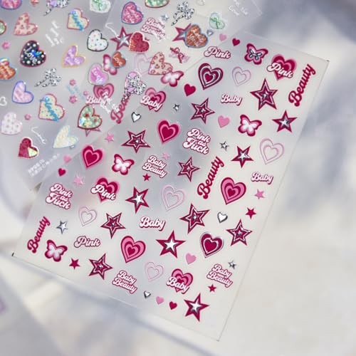 5D Embossed Pink Star Nail Stickers – Y2K Design Self-Adhesive Heart 1 Mh31