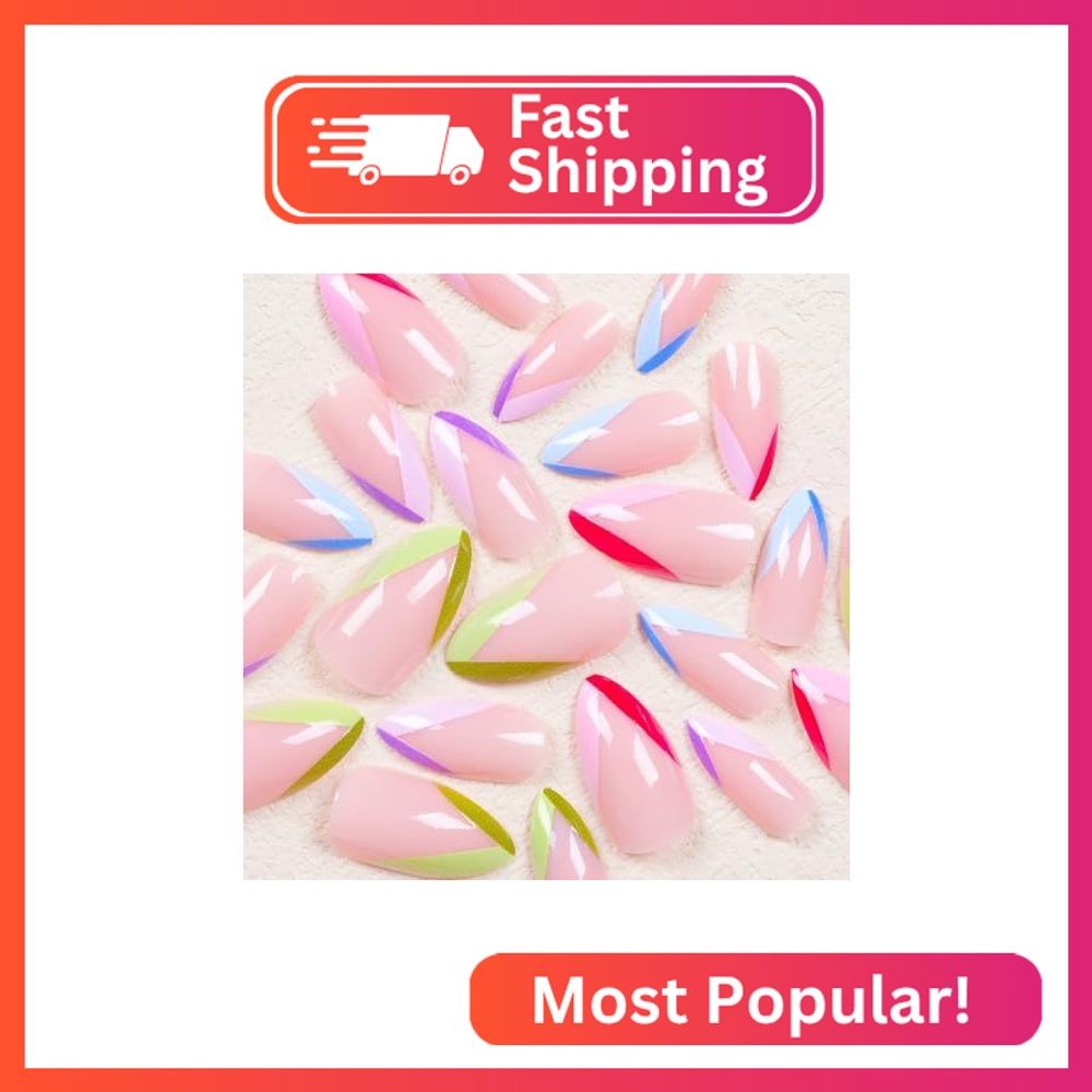 Press on Nails Almond Medium Length Glossy Full Cover Acrylic Colorful French Fa