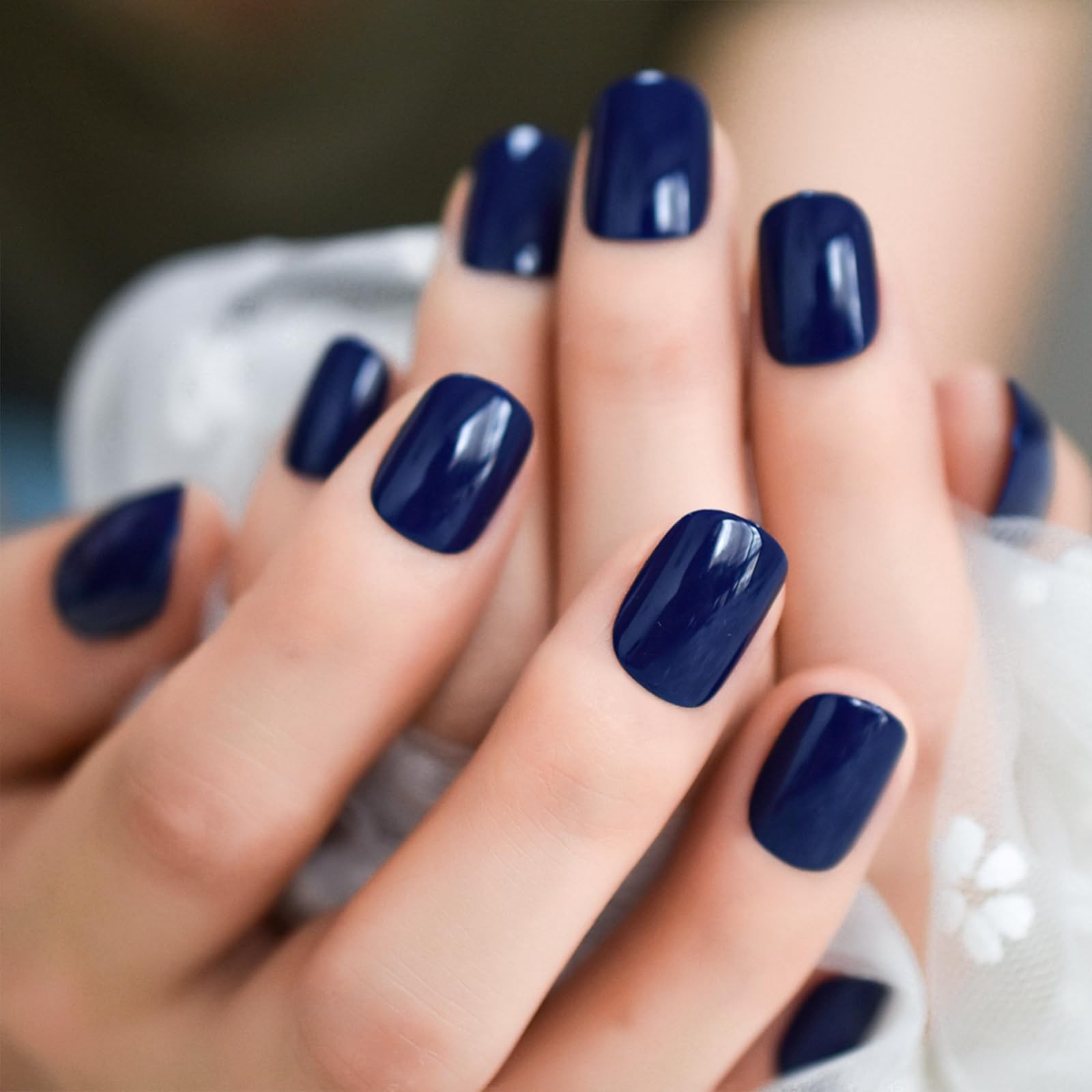 Shiny Glossy Dark Blue Press On Nails Short Round False Girls Squoval Nail Ar…