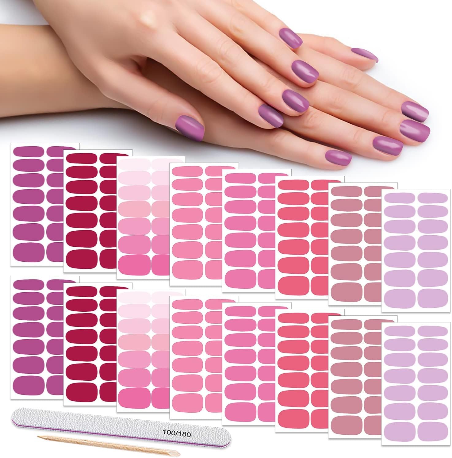 DANNEASY 16 Sheets Nail Wraps for Women Polish Strips Solid Pink, Red