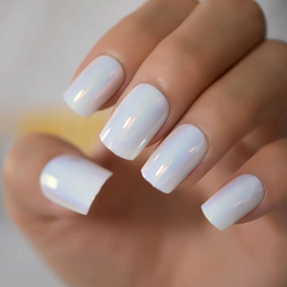 Icy White Press on Nails Holographic with glue short chrome chameleon