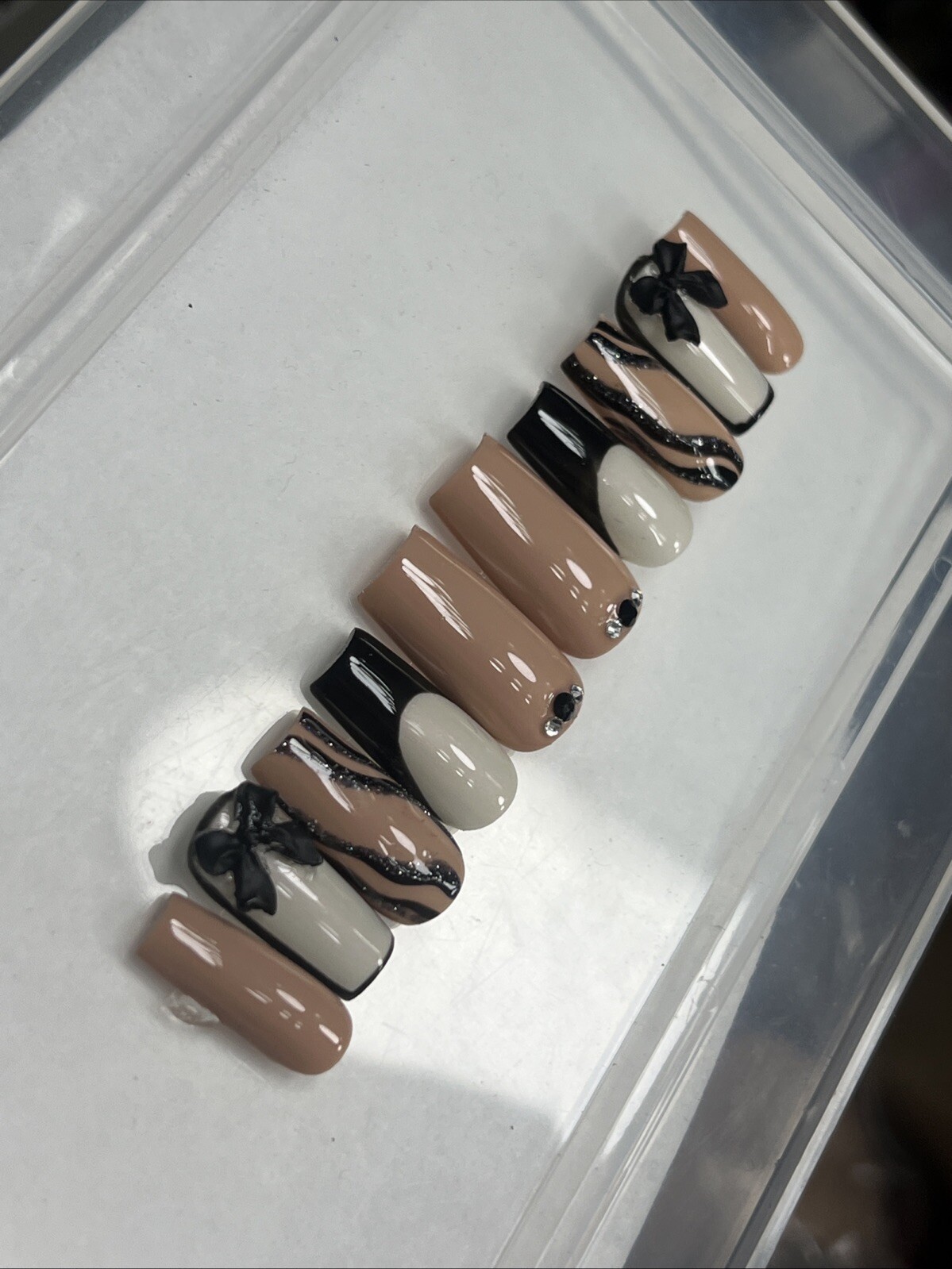 🤍🖤 CUSTOM Press On Nails FRENCH BLACK NUDE BLING 10p SET W Kit
