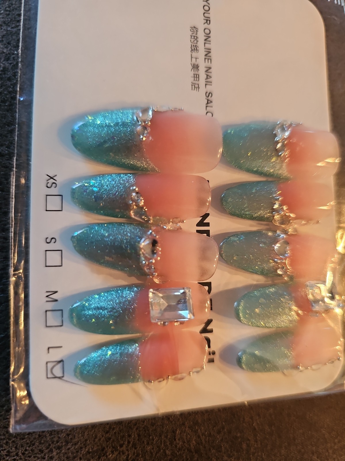 Teal French Tip Bling Gem Large Long Round Shape press on nails