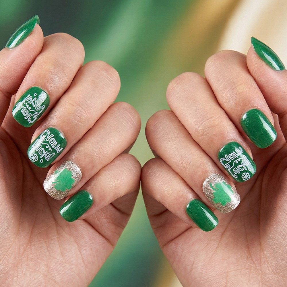 24pcs Green Clover French Press-On Nails. Detachable, Fresh & Festive for Women