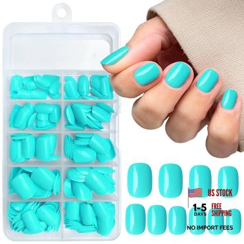 Short Press on Nails Square Round Short Fake Nails Glossy Full Cover Turquoise