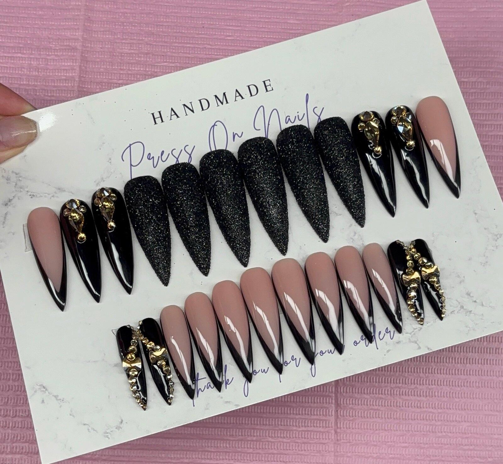 Extra long stiletto press on nails black deep v French tip rhinestones glitter