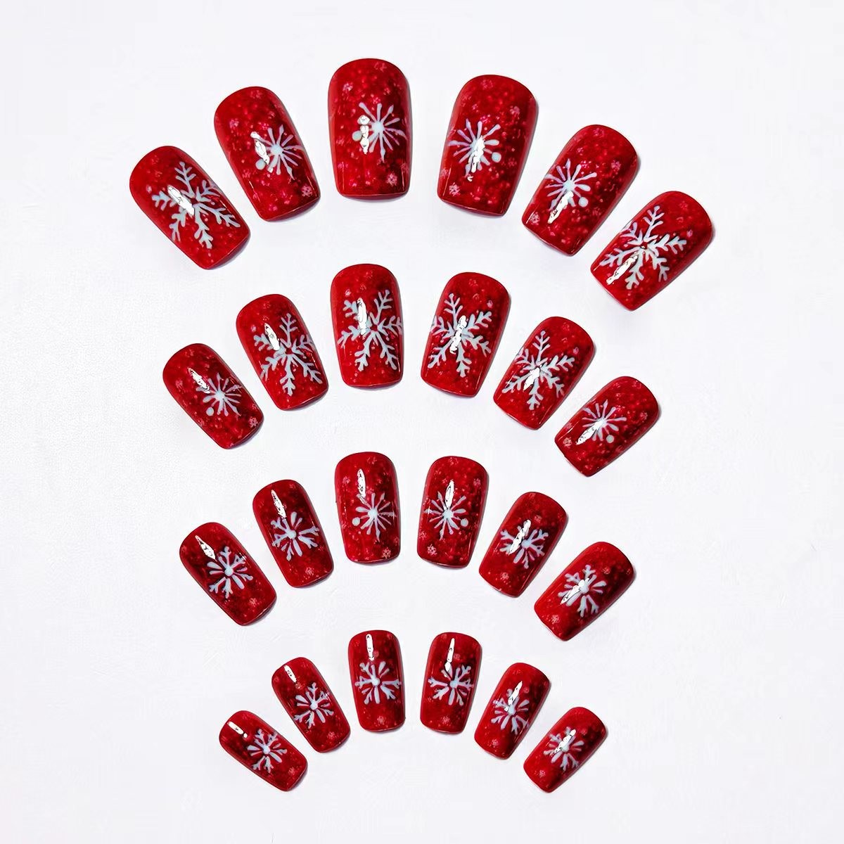 48PCS Red Glitter White Snowflake Press-On Nails Christmas Festive Fake Nails