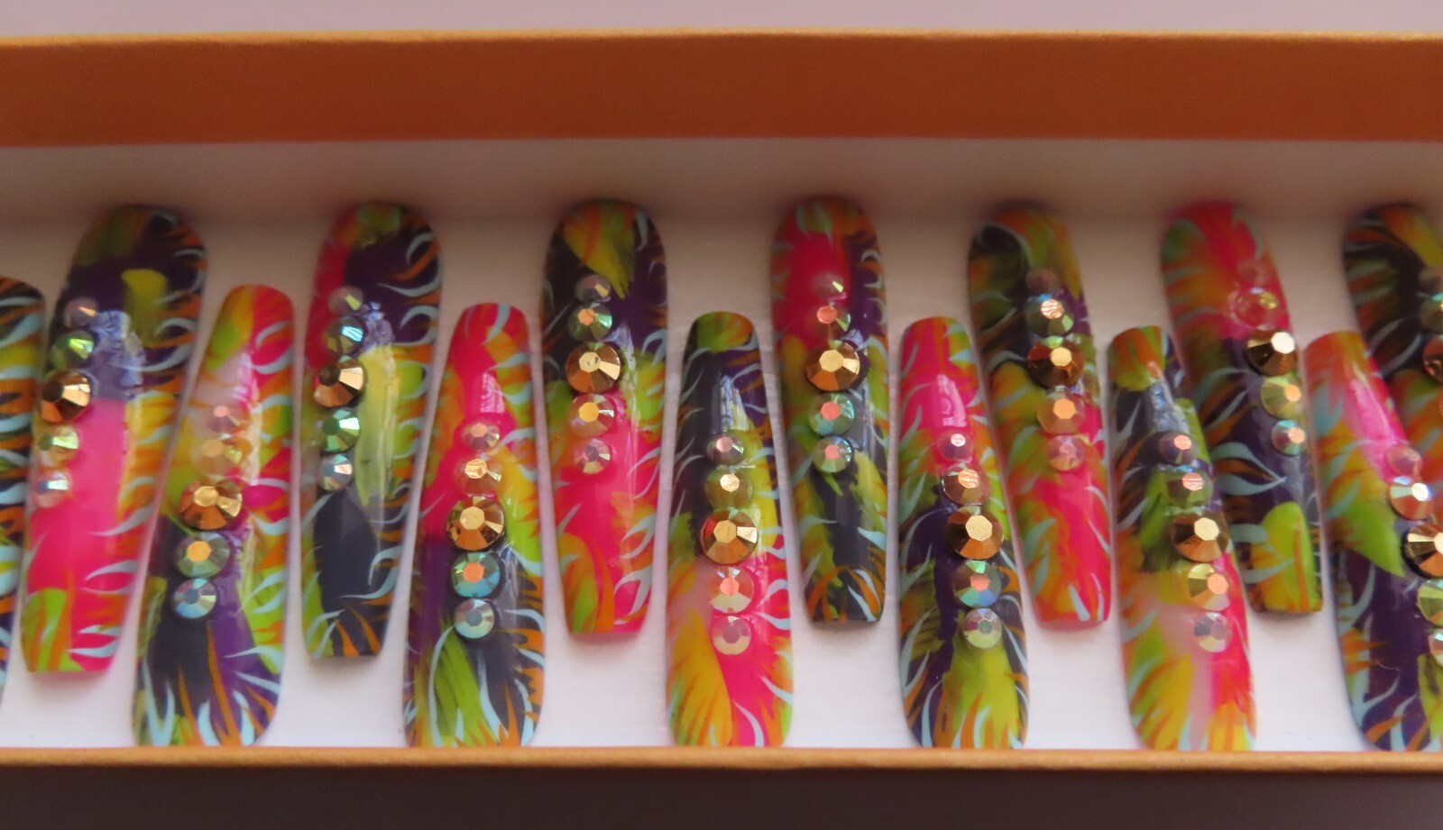 XL Pink Purple Blue Orange Yellow Rhinestone Abstract Coffin Press On Nails (20)