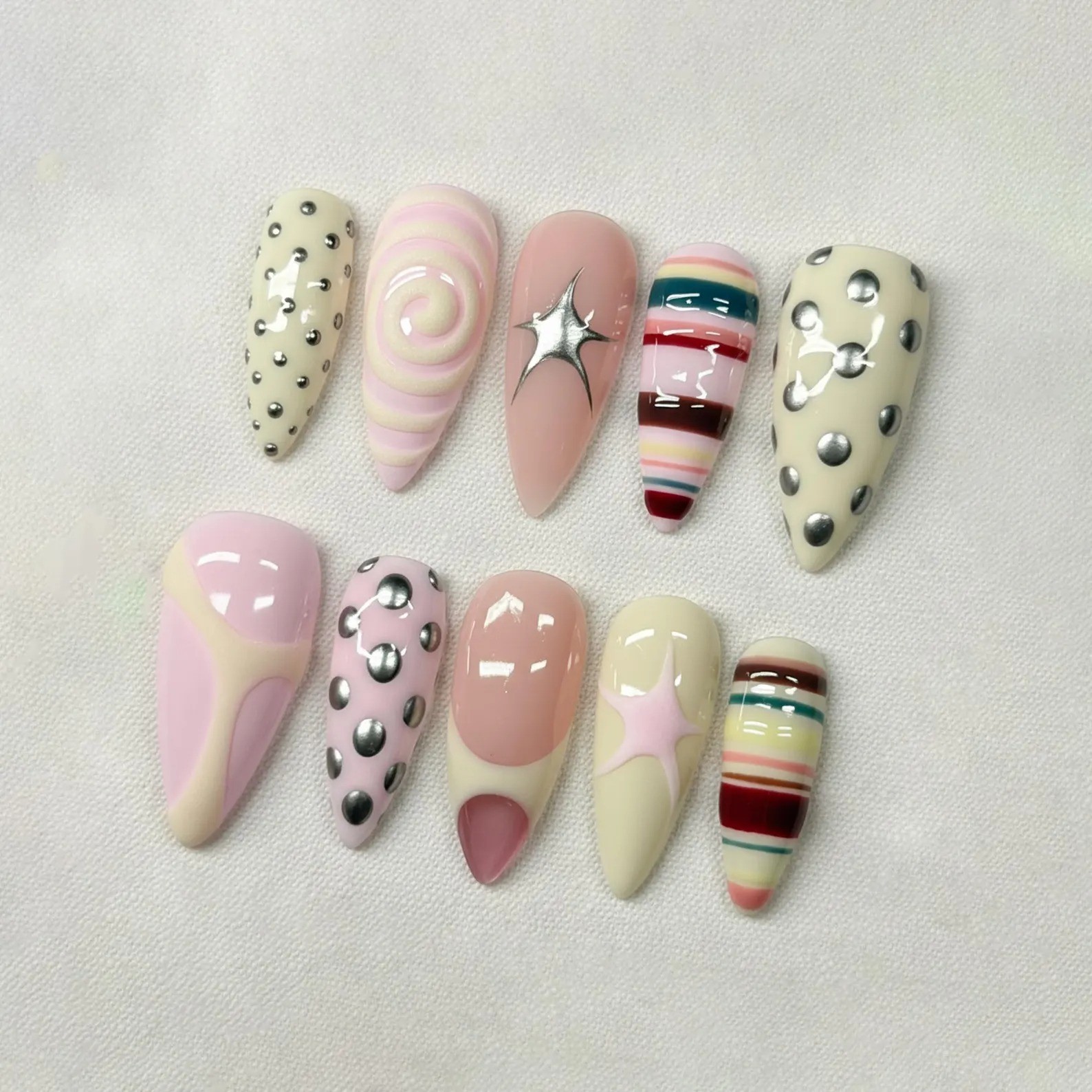 Polka Dot Pastel Y2K Swirl Chrome Handmade Press On Nails