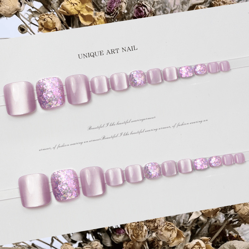 48pcs Short Square Press on Toe Nails, Purple Cat Eye Glitter Mix Toe Nails