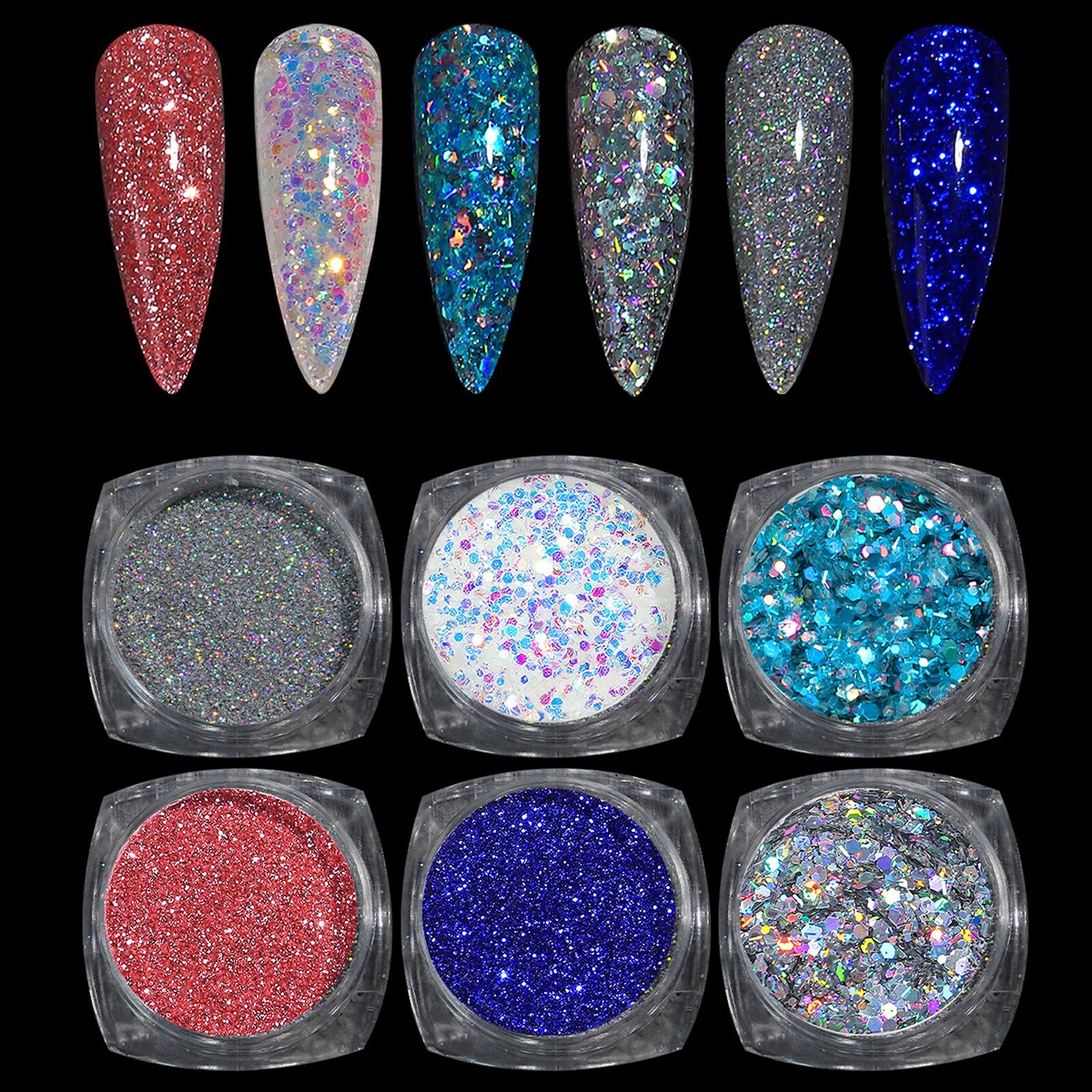 6 Mix Colors Set Nail Art Glitter Powder Dust Sparkly Sequins Shiny Flakes DIY