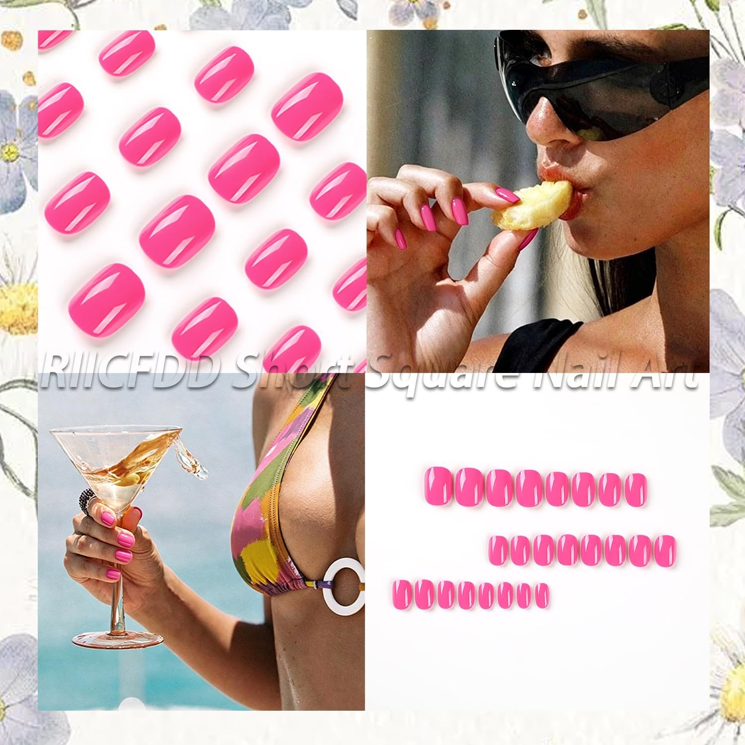 RIICFDD Bright Pink Glossy Short Square Press on Nails