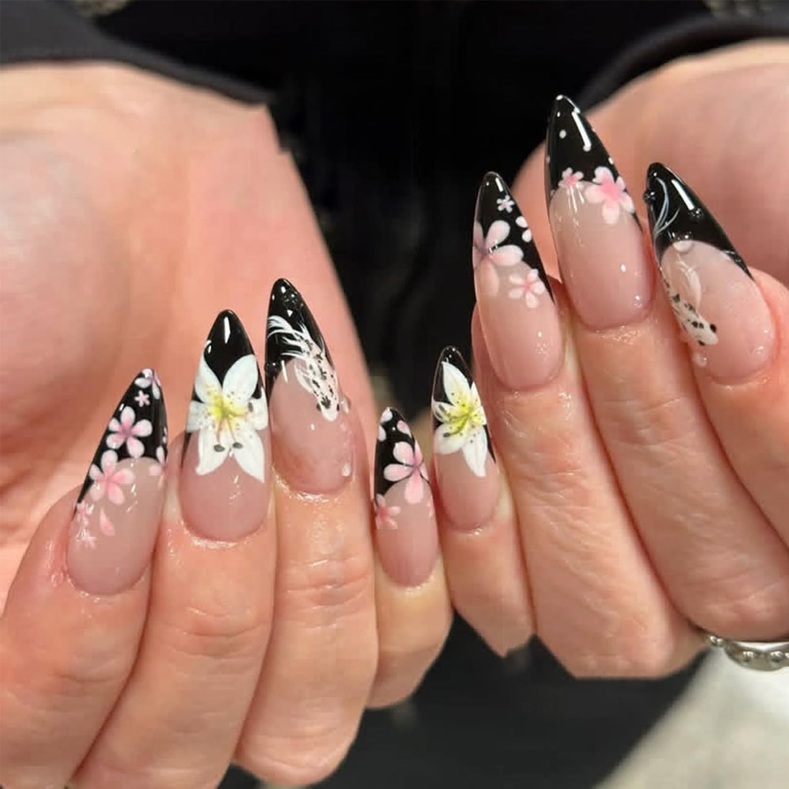 24Pcs Dark French Tip Press on Nails Medium-Length Almond Fake Nails with Lil…