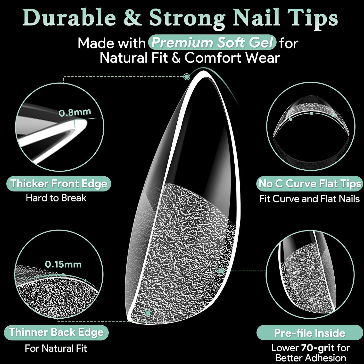 Medium Almond Acrylic Gel Nail Tips Full Cove Soft Fake Nails 216pcs B-Medium