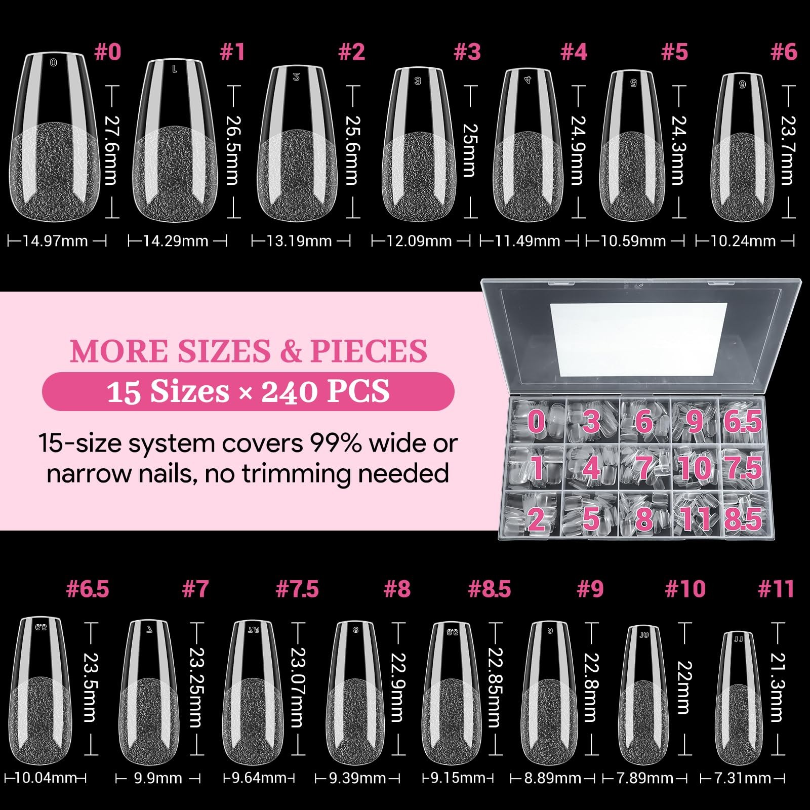Qiek Medium Coffin Fake Nail Tips, 15 Sizes 240 PCS Clear Half Matte Press On…