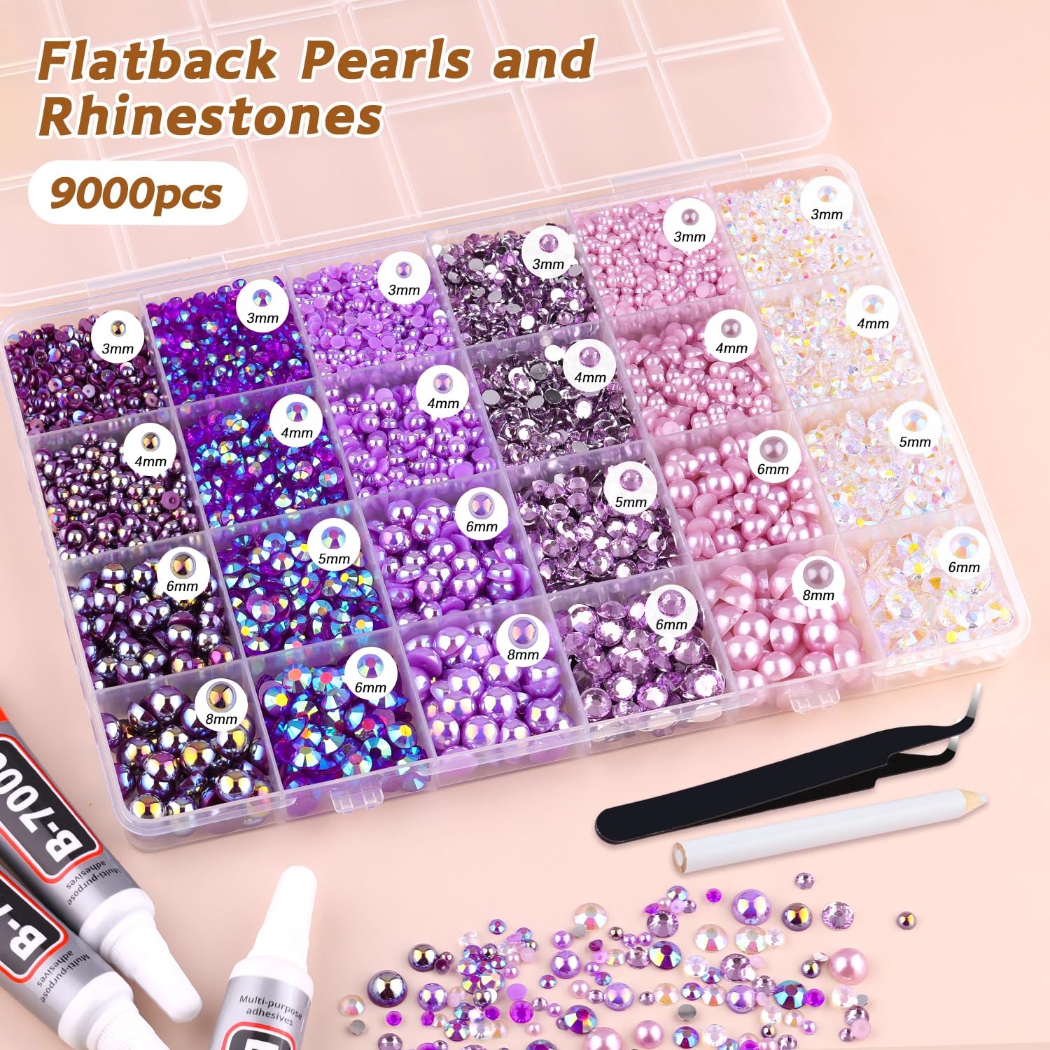9000PCS Flatback Pearls and Rhinestones for Crafting, Purple 3-10mm Resin Rhi…