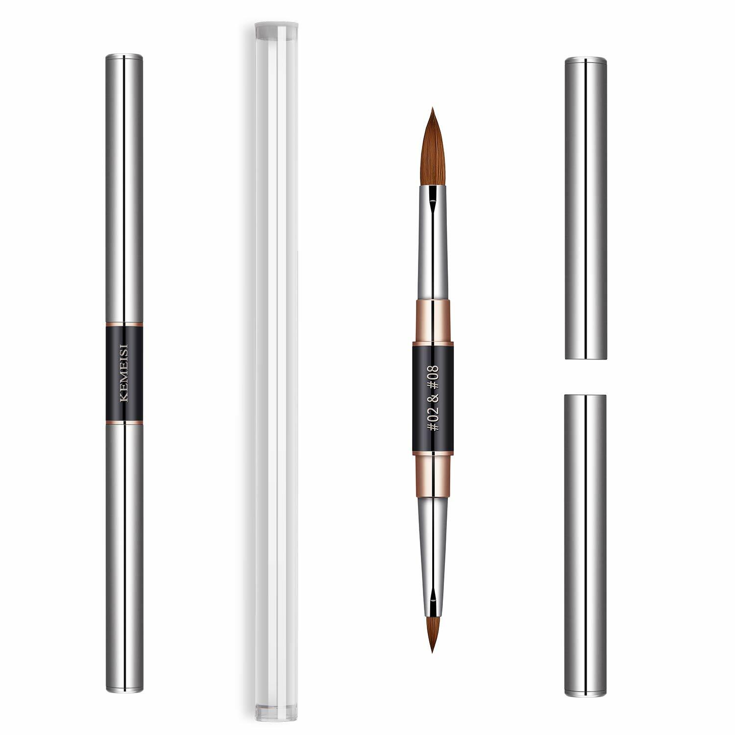 100% Kolinsky Acrylic Nail Brush 2-Head Dual-tip Size 2/8, 4/10, 6/12 Crimped