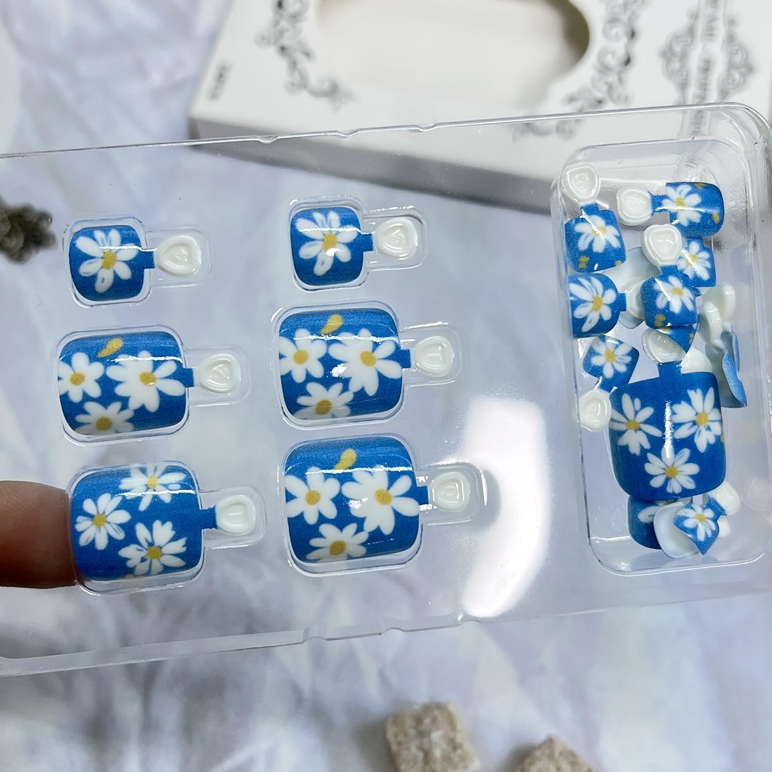 Blue Press on Toenails Short Square Fake Toe Nails Floral False Toenail
