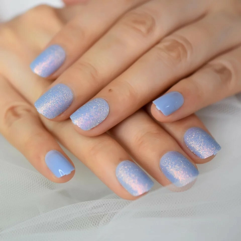 Icy Glitter Press on Nails Holographic with glue short purple blue