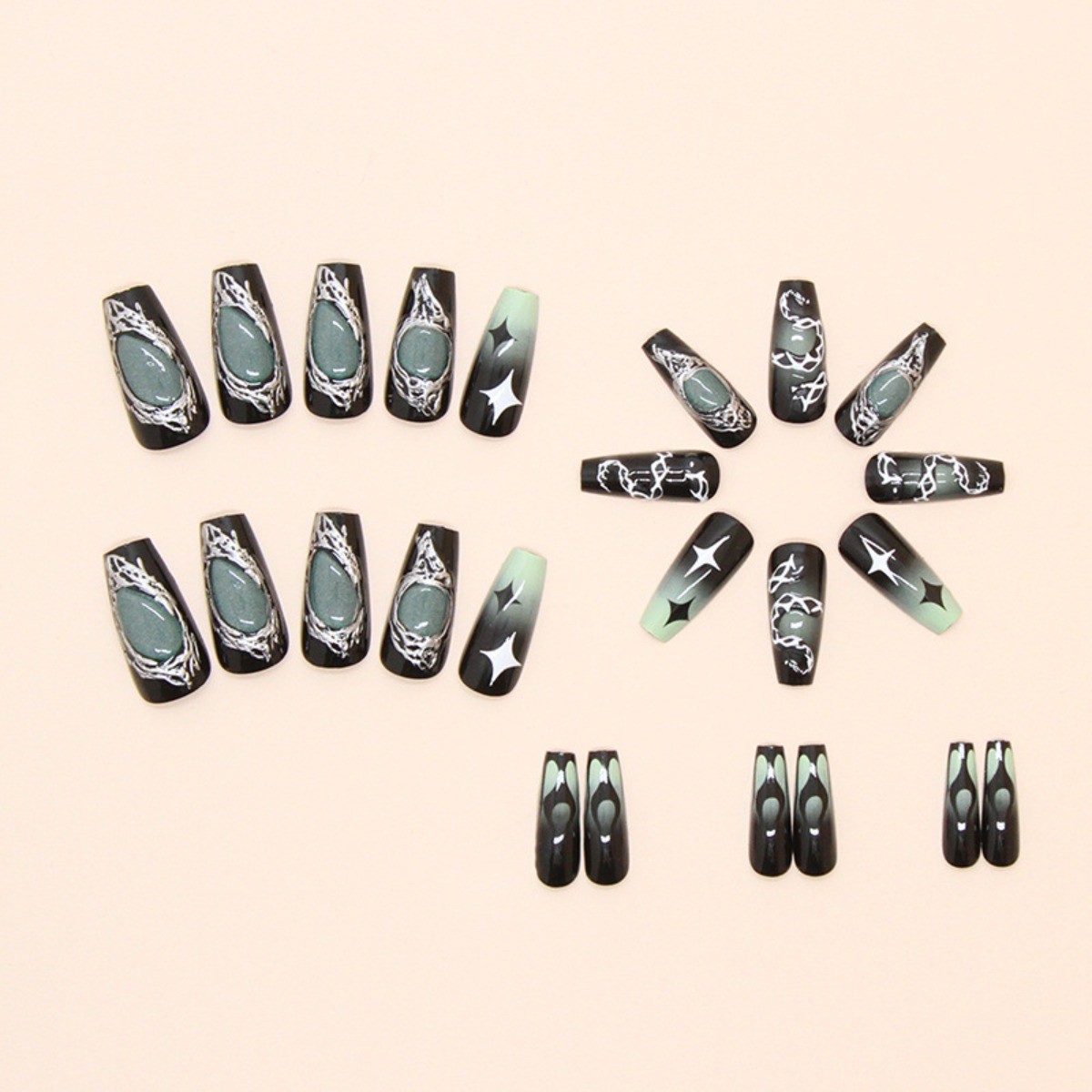48p Long Taper Press on Nails, Black Green Gradient Silver Line Rhinestone Nails