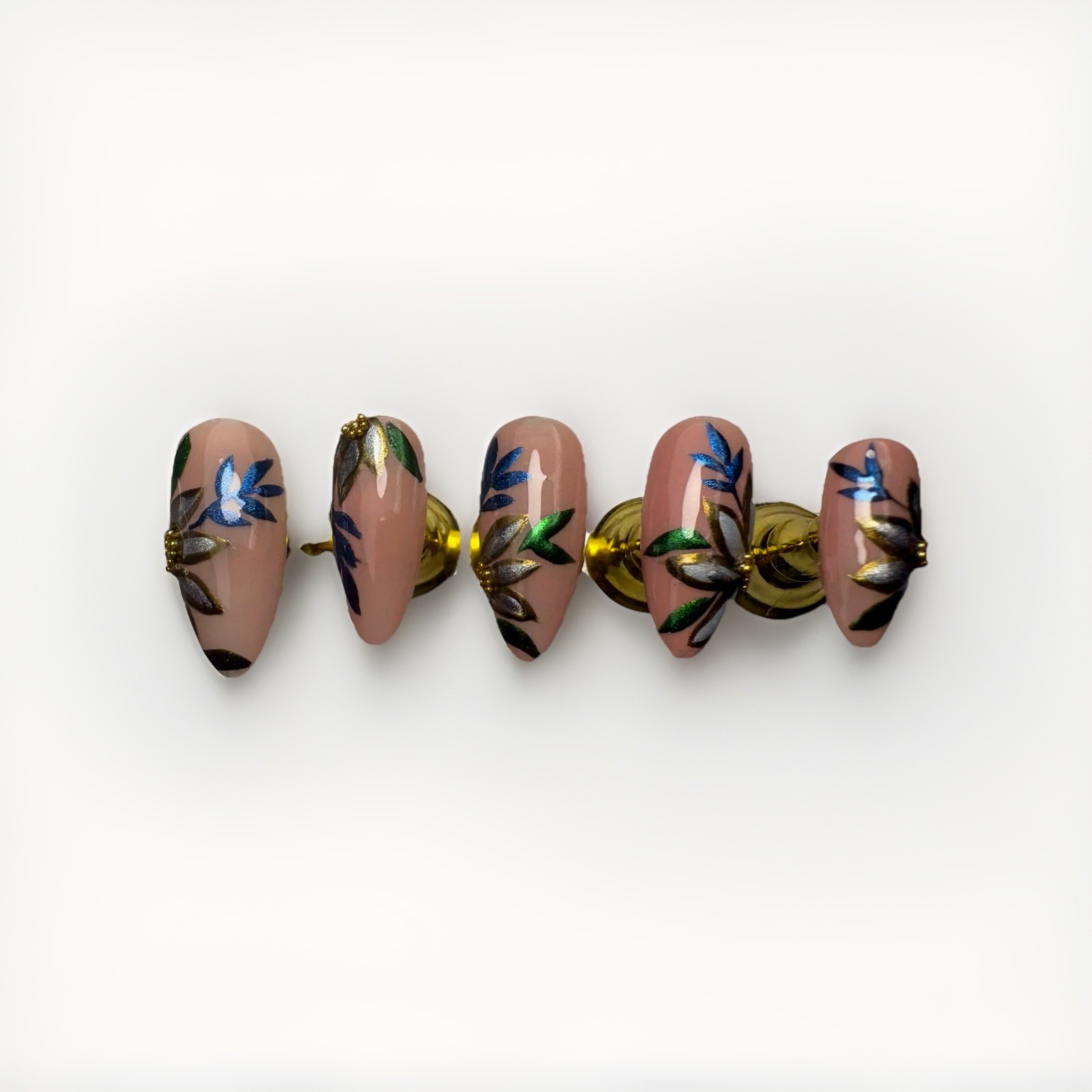 Luxury Handmade Press On Nails | Nude Floral Gold | Reusable Custom Set