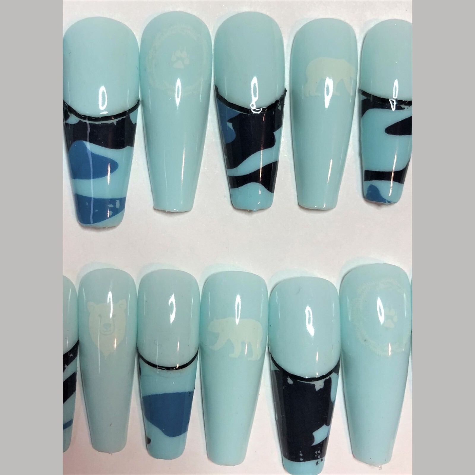 Blue Camo with Bear Press-On Nail Set – Ex-Long Ballerina (Size 0-8)