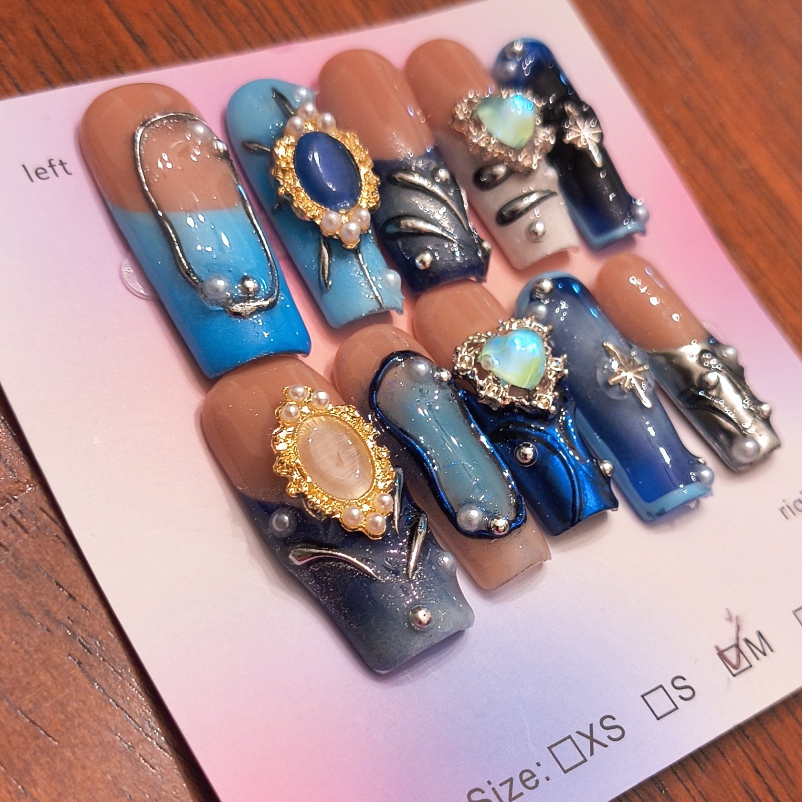 Press-On Nails Medium Coffin Blue Nude Silver 3D Rhinestone Heart Full Cover