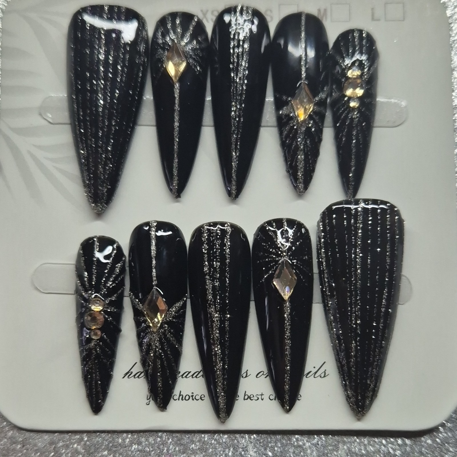 Black Silver Glitter 3D Rhinestone Coffin Press-On Nails Set Full Cover Long