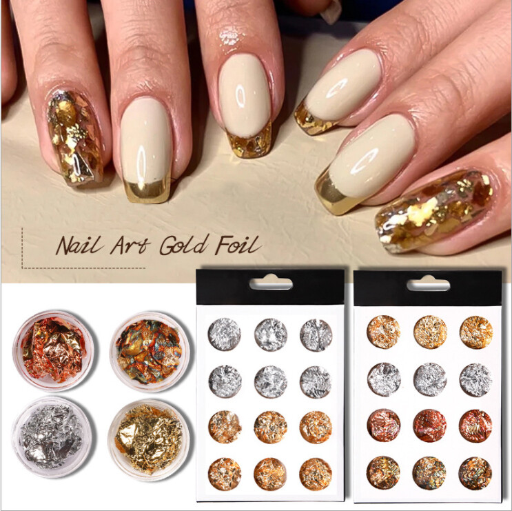 12 Pcs Nail Art Metal Foil Mixed Colors Paper 3D Sticker Flake Decal Decoration