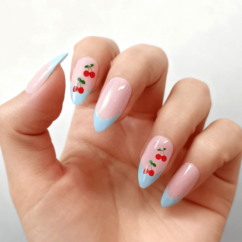 48pcs Almond Press on Nails, Light Blue French Tip Lovely Cherry Decor Nail Art