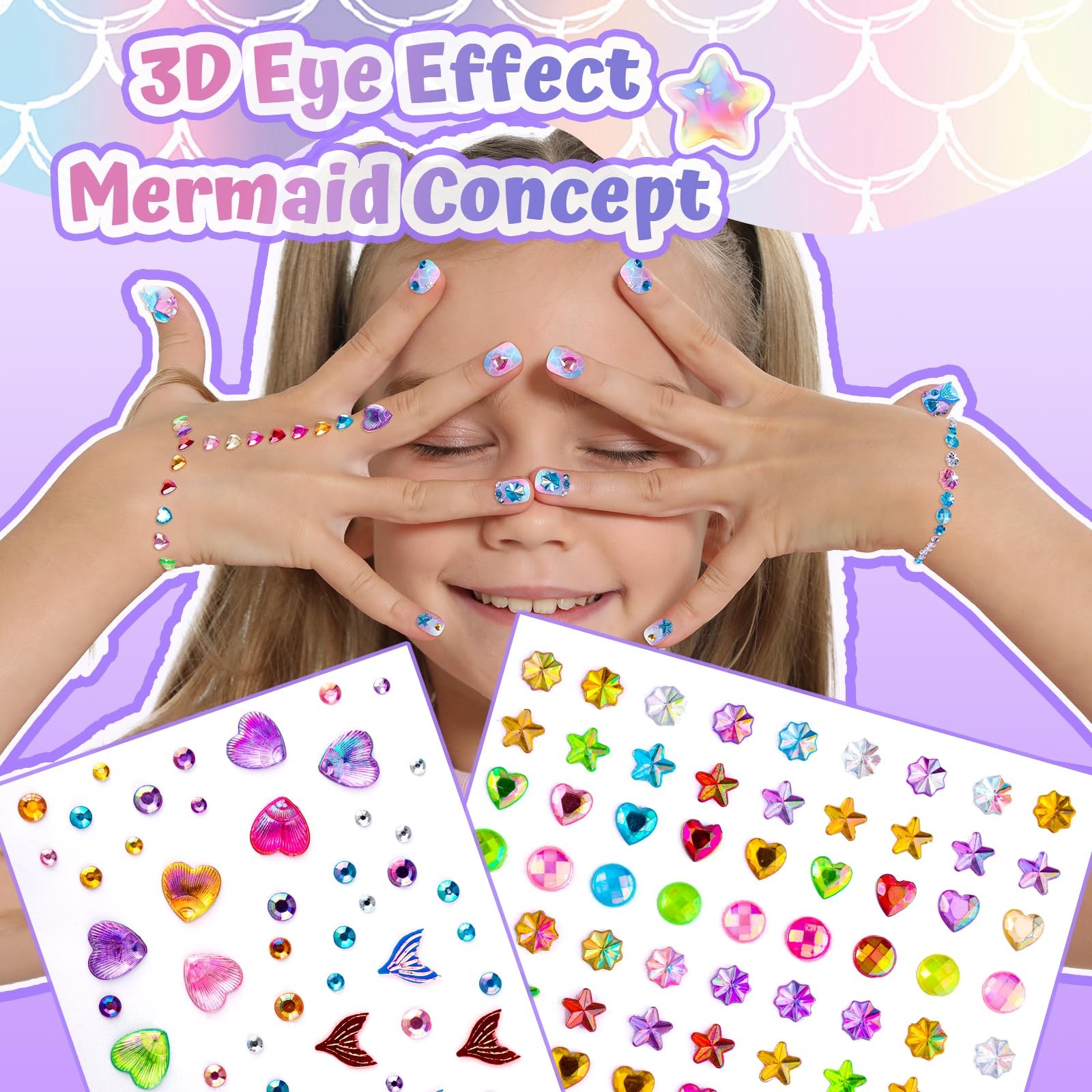 Press On Nails 12 Style 6 Sheet 3D Rhinestone Mermaid Colorful Nail Art Kit