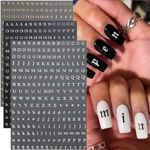 8 Sheets Letter Nail Stickers Nail Decals 3D Self-Adhesive Laser Gold Silver