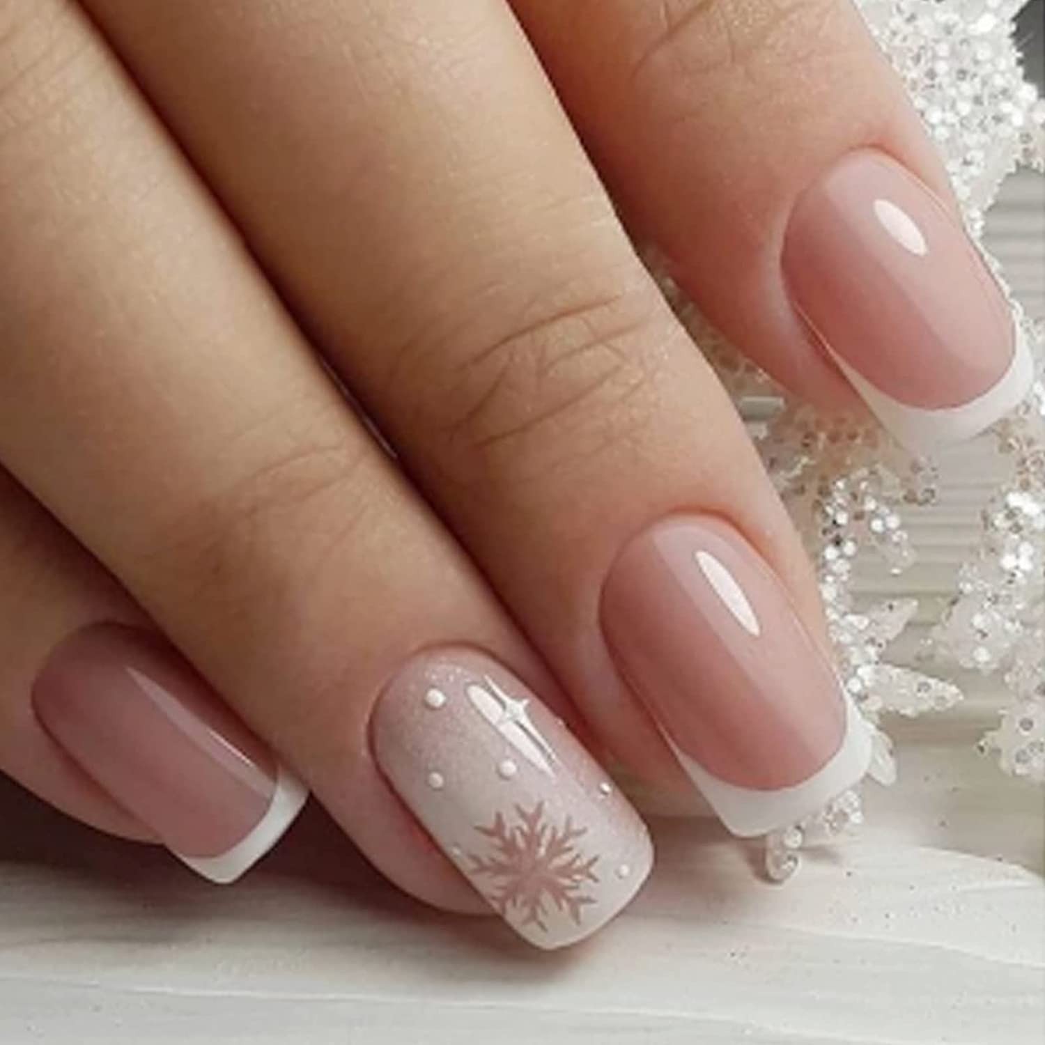 Christmas Press On Nails – Short Square Fake Nails with French Tip Acrylic, C…