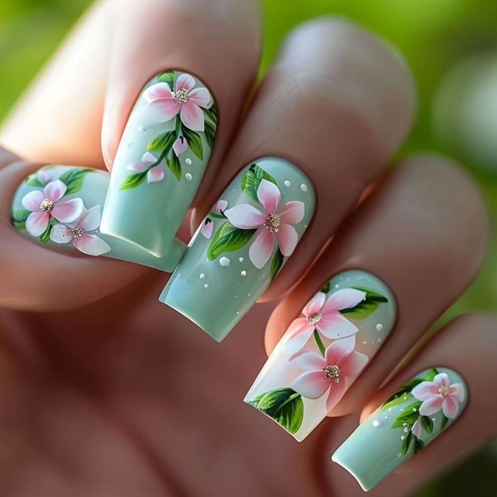 Square Shape Spring Bloom High-Quality Nail Art, 24pcs, Detachable