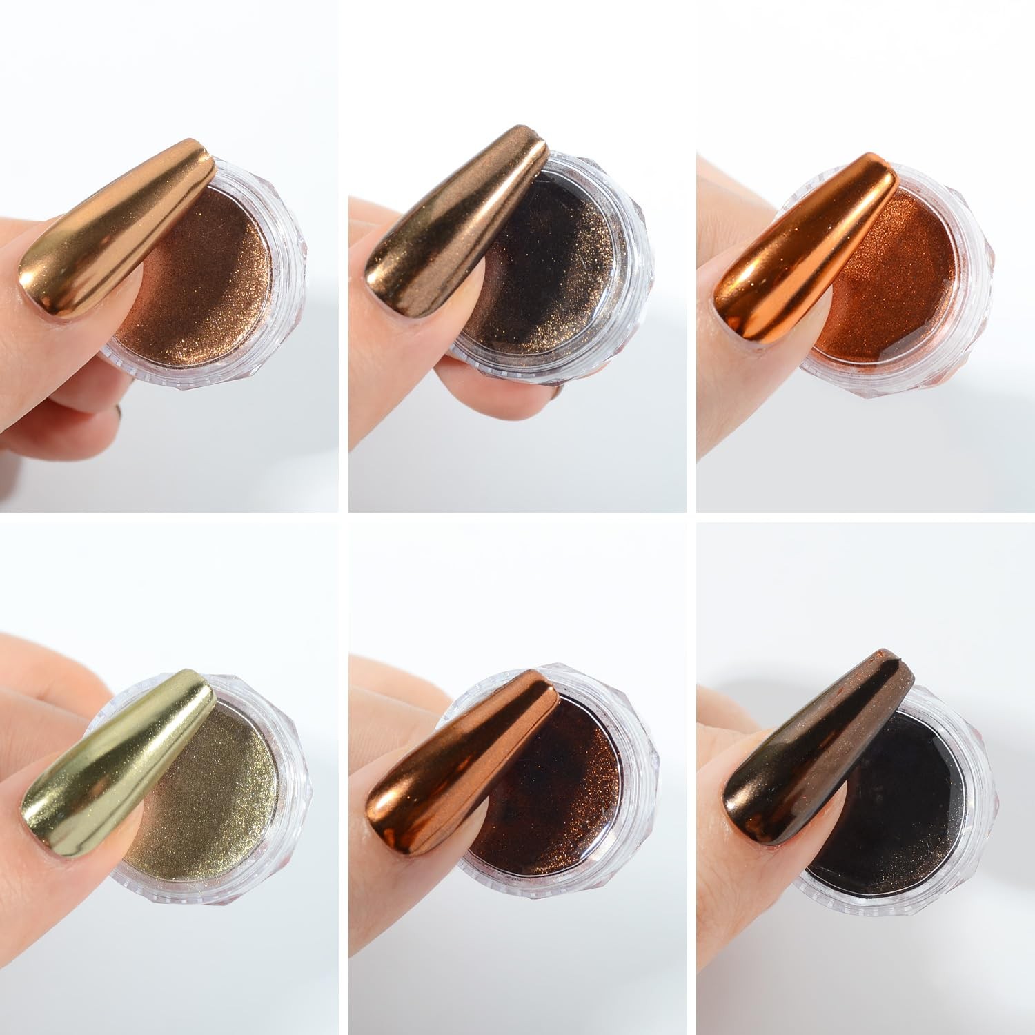 Chrome Nail Powder Set, 6 Maillard Colors Metallic Brown Chrome Nail Powder M…