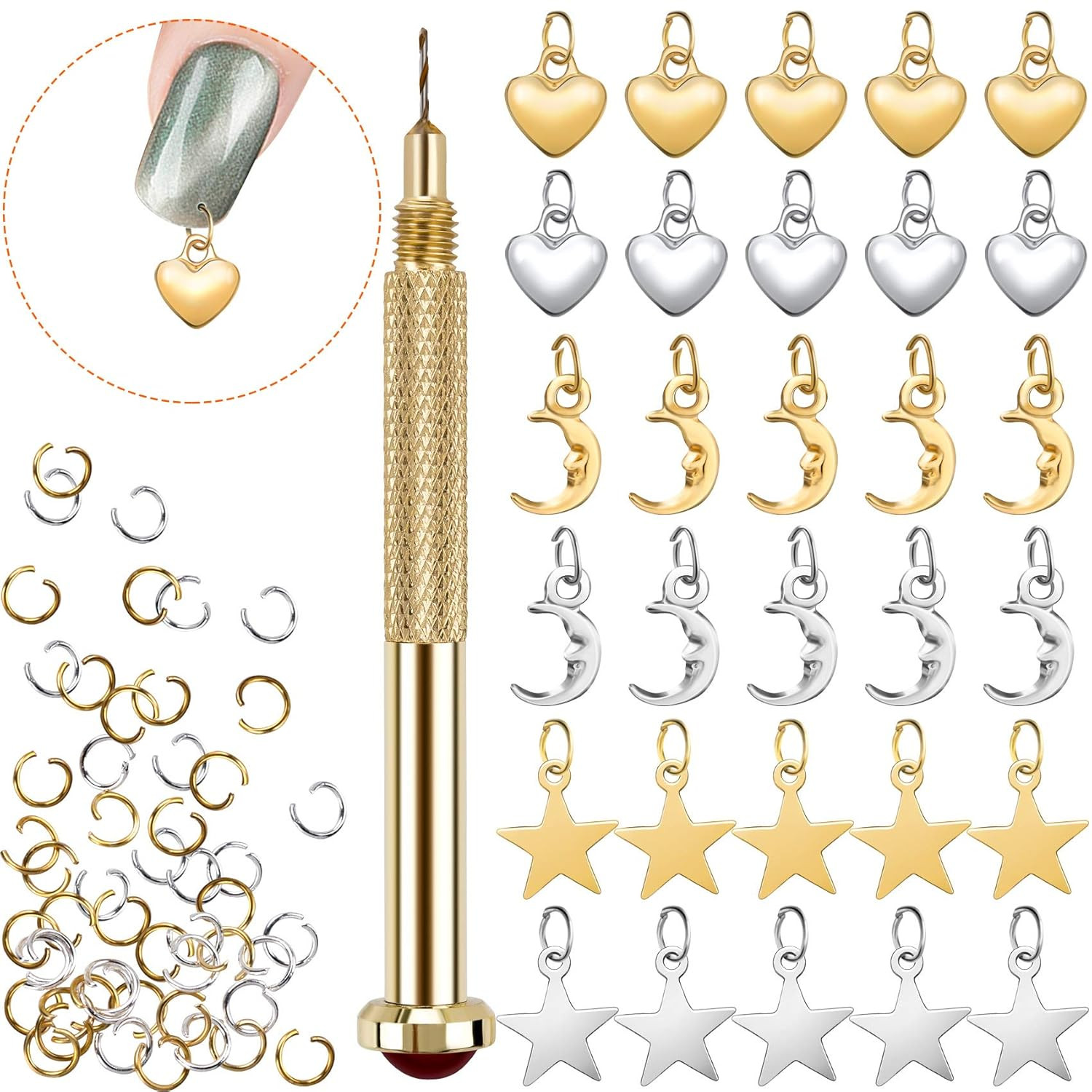 71 PCS Dangle Nail Art Charms, Nail Jewelry Rings with Nail Piercing Tool Art