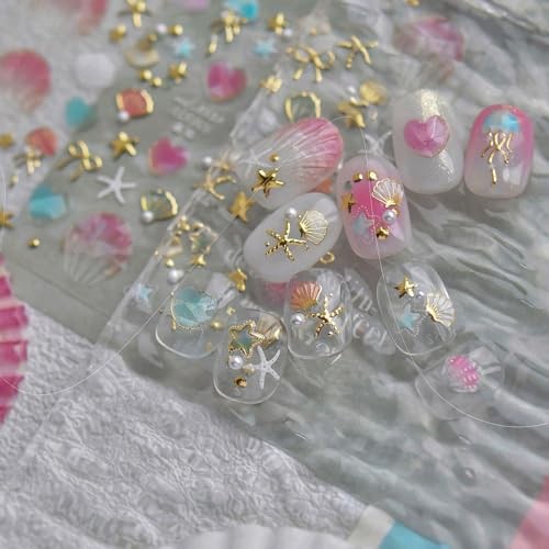 1 Sheets Summer Nail Decals for Nail Art 5D Gold Seashell Ocean Stickers-2