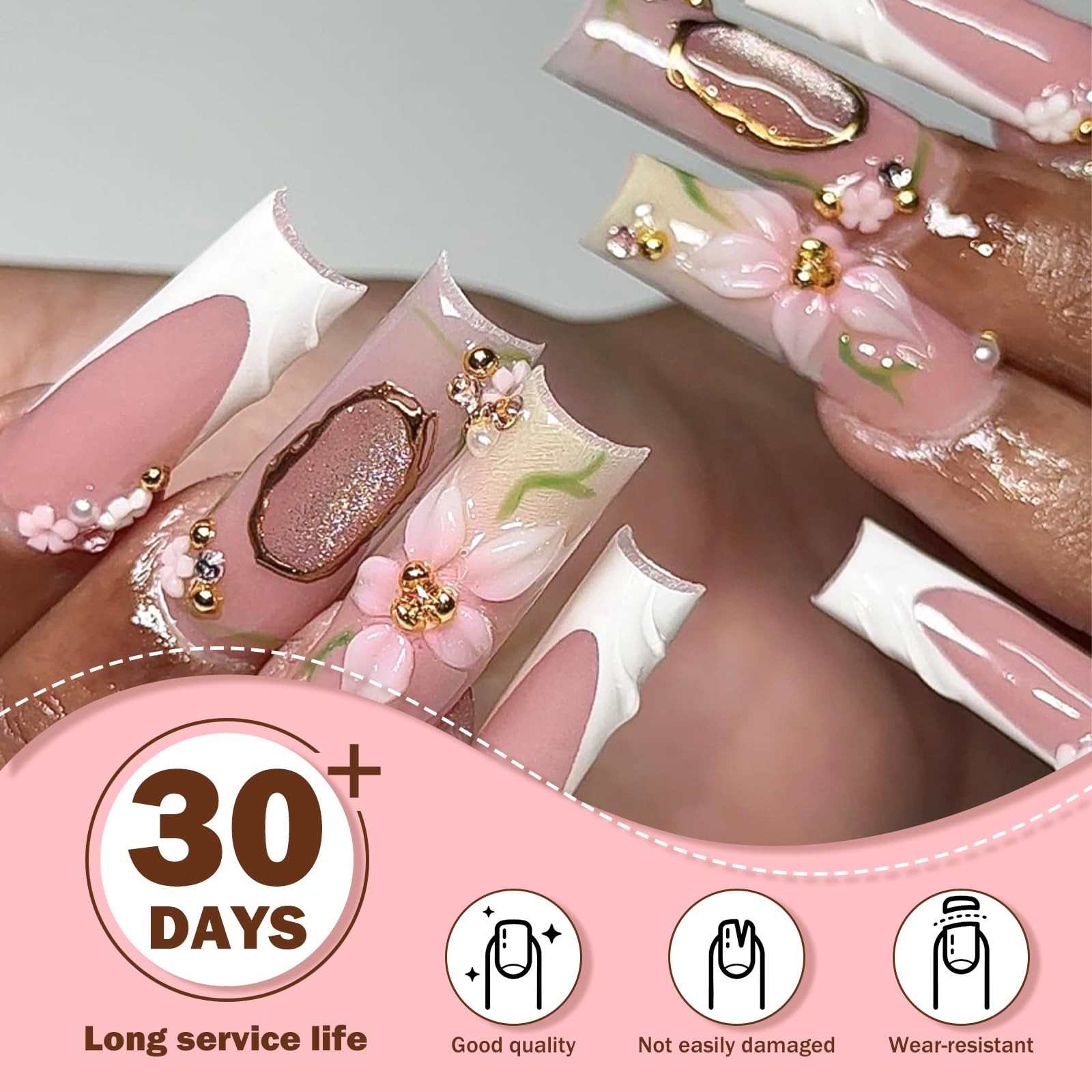 Long Press on Nails Square Press Ons White French Tip Fake Nails with 3D Whit…