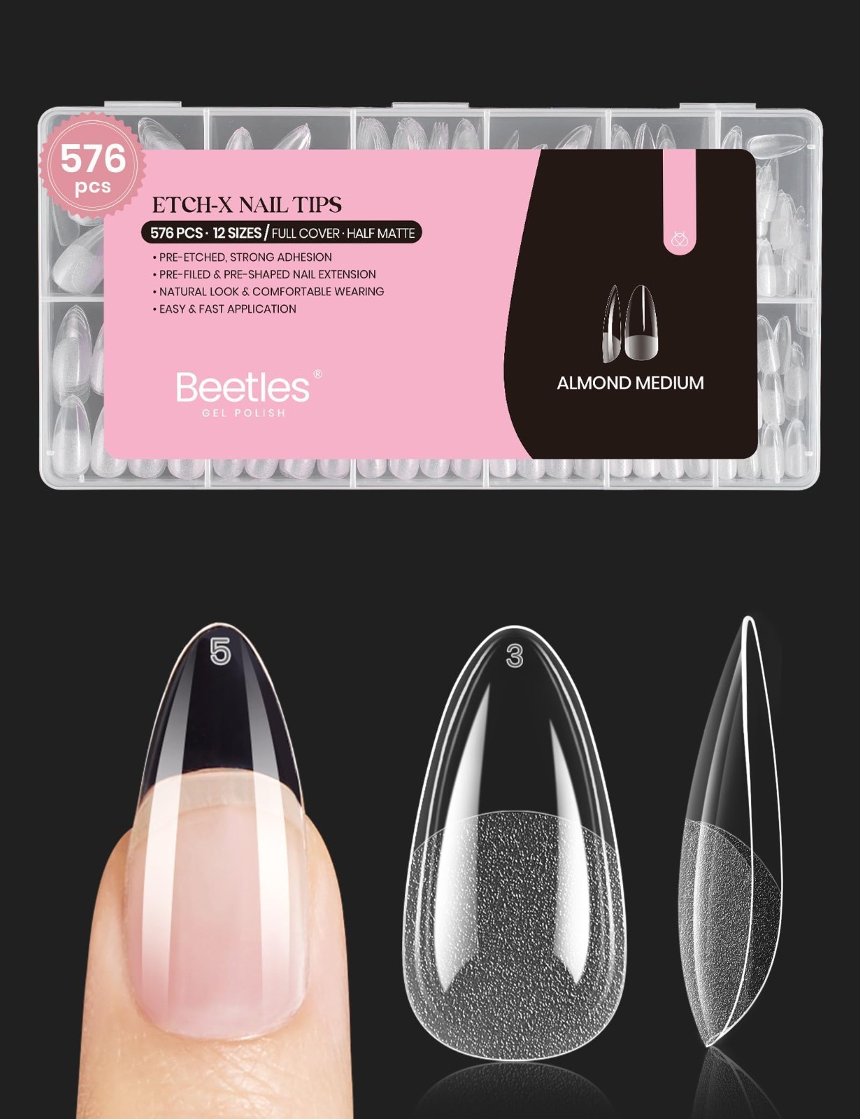 Medium Almond Nail Tips 576pcs – Pre-Etched Soft Gel, Half Matte Full Cover, Cle