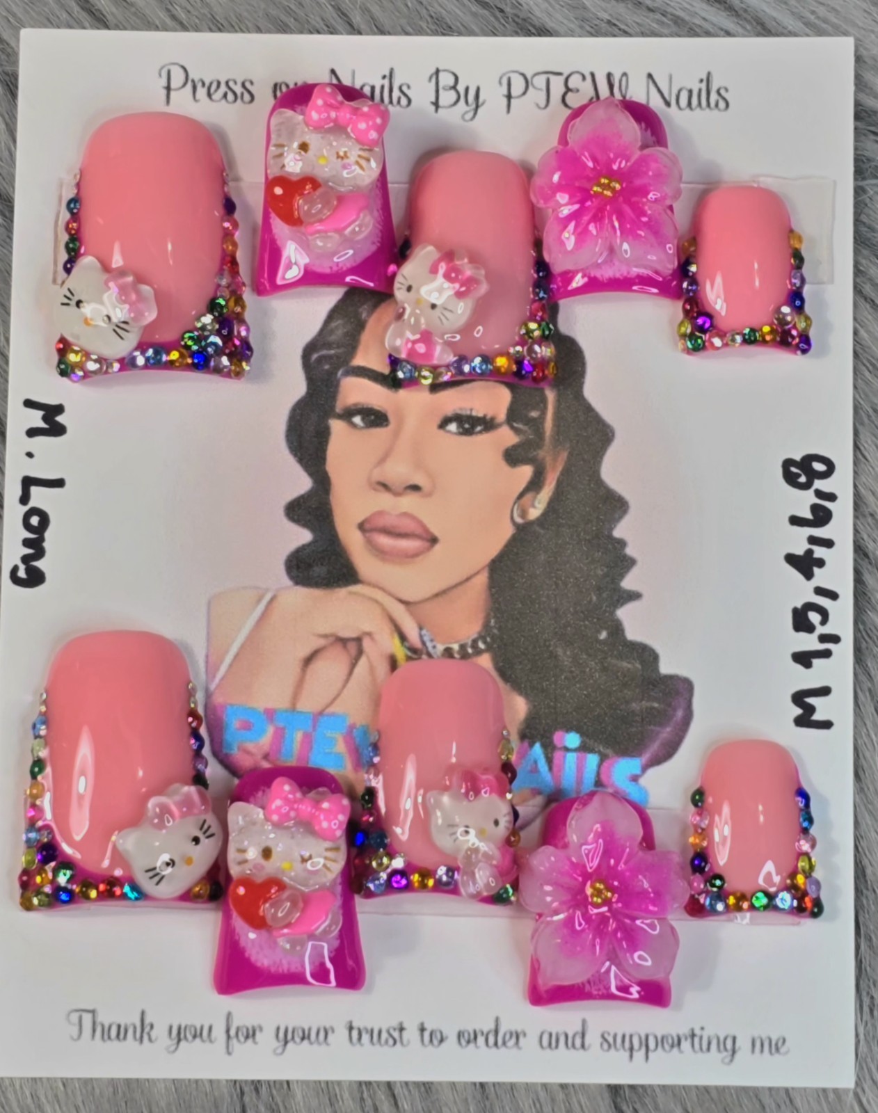 Handmade Press On Nails,LuxuryKitty Pink,Medium Size 1,5,4,6,8 M.Long Duck Shape