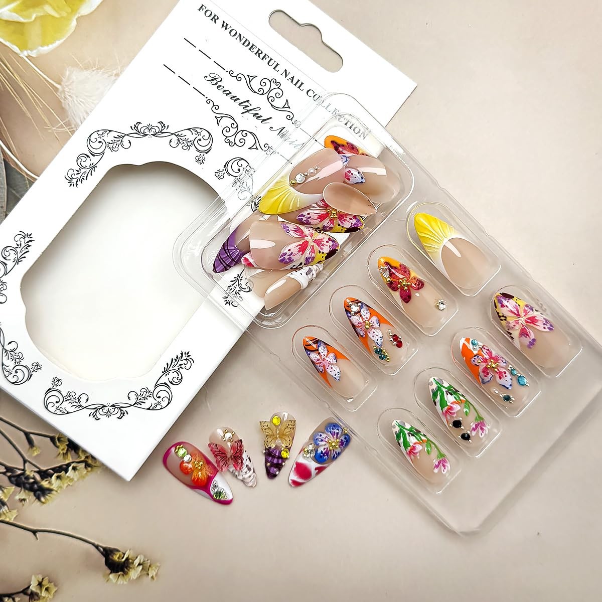 24Pcs Colorful Flower Press on Nails Medium Almond Almond, color