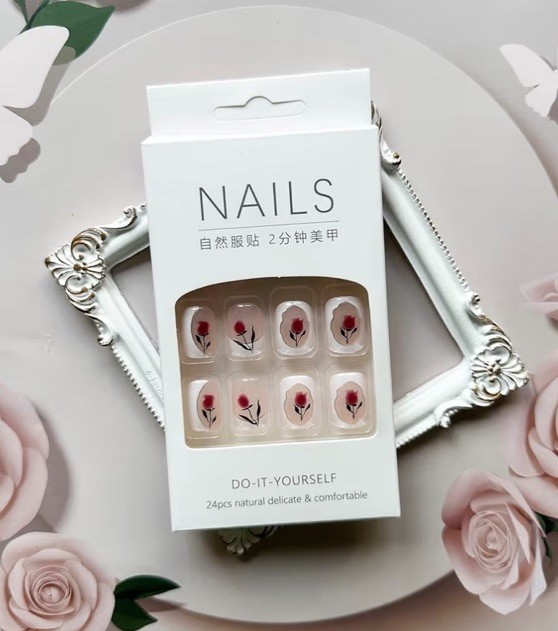 Press-On Nails Set, Pink Red White Black, Flower French, Short Square. Full Set