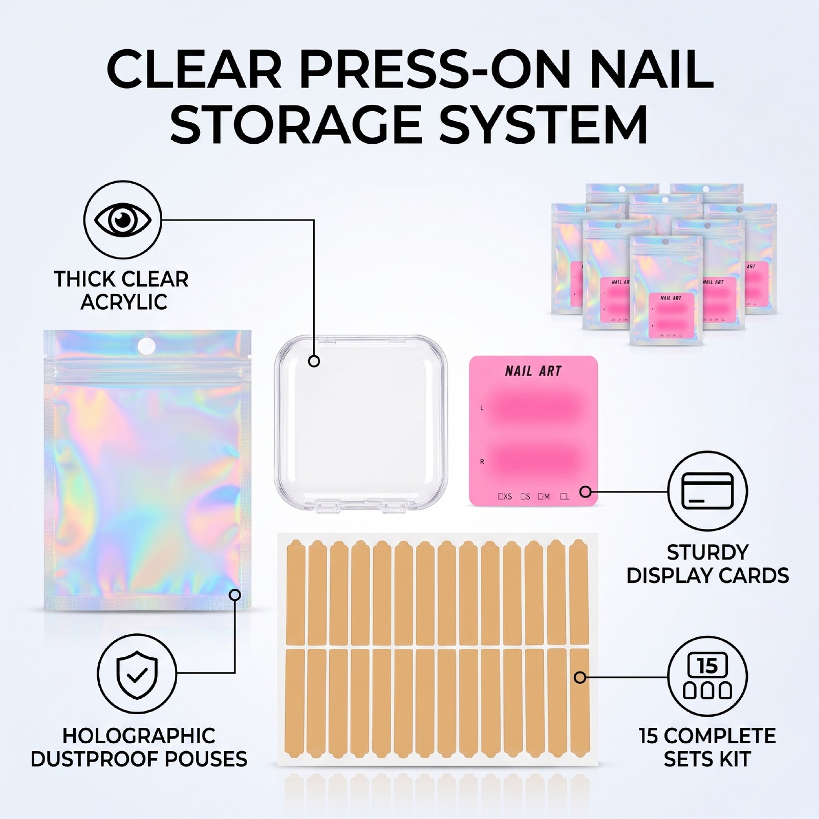 15 Sets Press On Nail Storage Boxes Dust Proof Thick Clear Fake Nail Display NEW